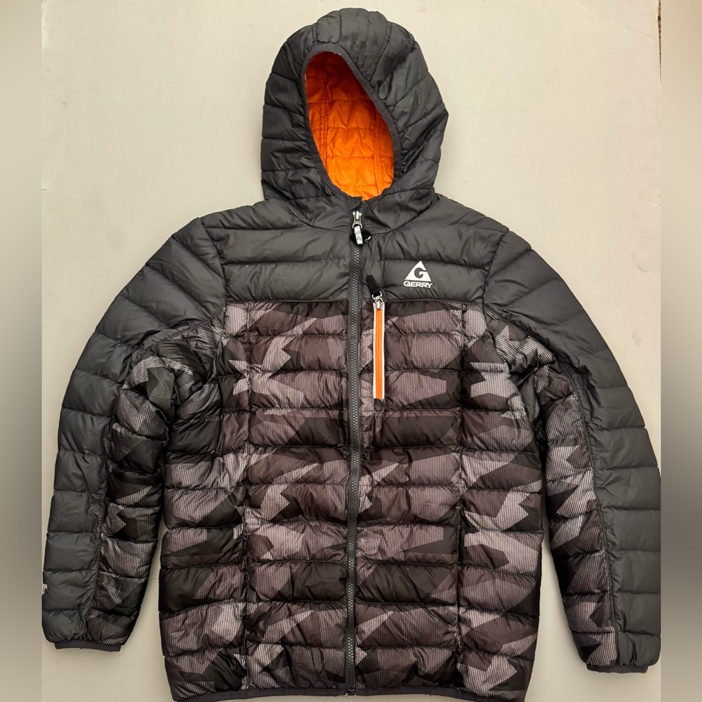 Gerry Boys Down puffer Coat Jacket Hooded Gray Orange 650 Fill Power Large 14-16